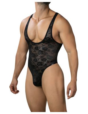 R4VAGE by C4M Lace Sculpt Thong Bodysuit – Body String Homme Dentelle Transparente Coupe Sculptante – Noir