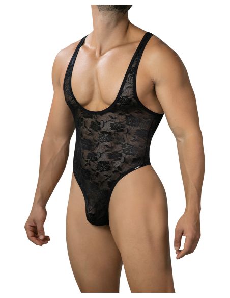 R4VAGE by C4M Lace Sculpt Thong Bodysuit – Body String Homme Dentelle Transparente Coupe Sculptante – Noir