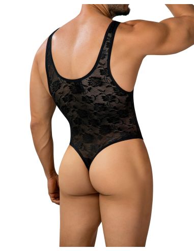 R4VAGE by C4M Lace Sculpt Thong Bodysuit – Body String Homme Dentelle Transparente Coupe Sculptante – Noir